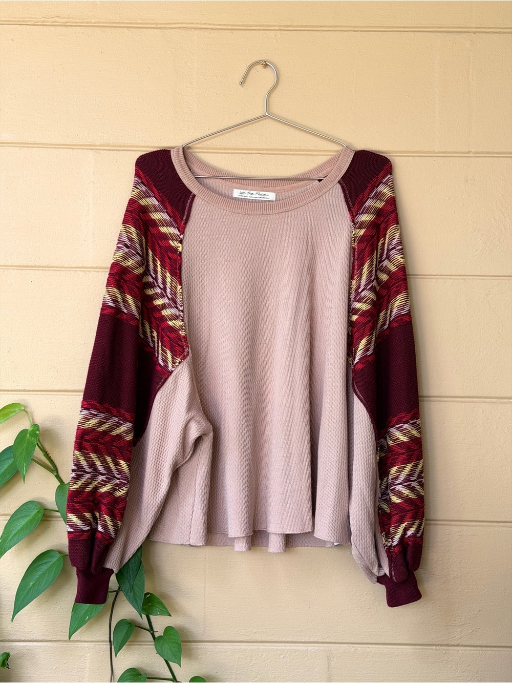 Free People Blush Pink Waffle Knit Top with Burgundy Patterned Balloon Sleeves